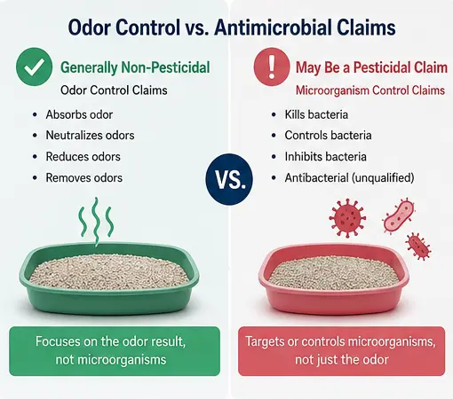 Cat litter odor control versus antimicrobial claim wording