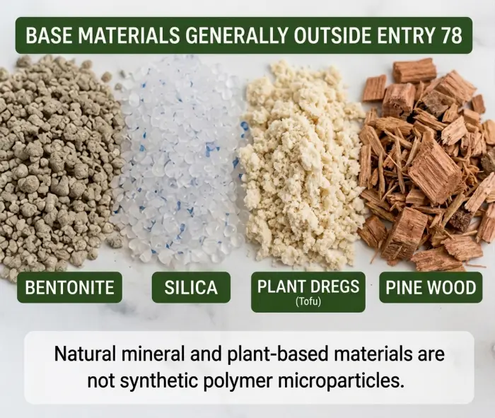 Bentonite, silica, tofu and pine cat litter base materials under REACH Entry 78