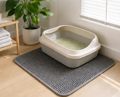 Cat litter box placed in a well-ventilated room with a litter mat
