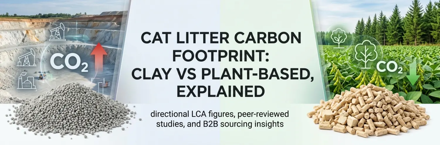 Clay versus plant-based cat litter raw material carbon footprint comparison banner