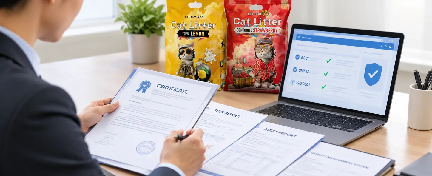 Buyer reviewing cat litter supplier certificates, audit records, and testing documents