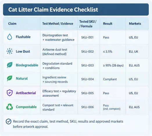 Cat litter claim evidence checklist showing claim wording, test method, tested product SKU, results, and approved markets