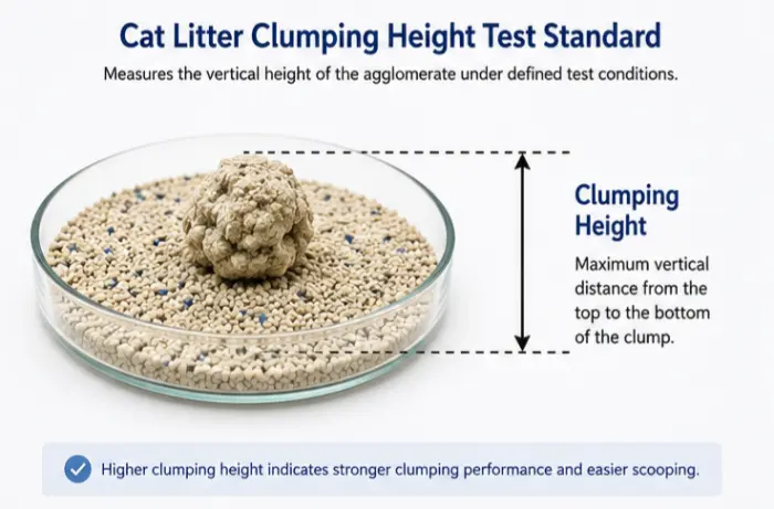Clumping height test for cat litter measuring the vertical height of the formed agglomerate