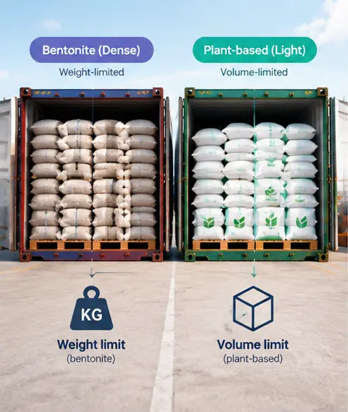 Container loading comparison between dense bentonite and lightweight cat litter