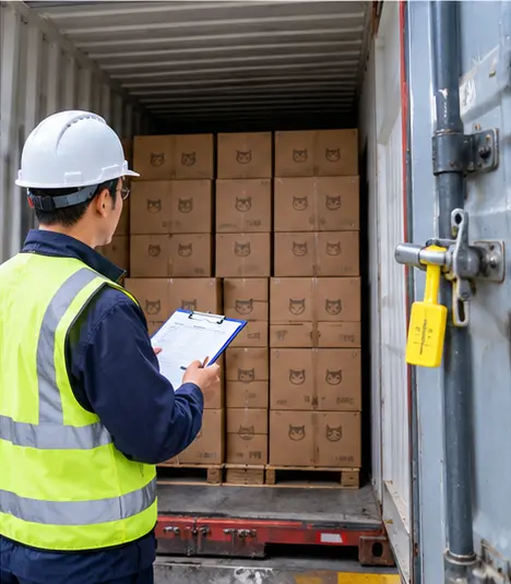 Inspector checking carton arrangement and loading conditions inside a shipping container