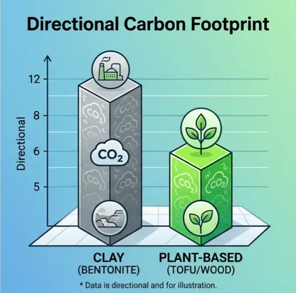 Chart comparing directional CO2 emissions between clay bentonite litter and plant-based tofu or wood cat litter