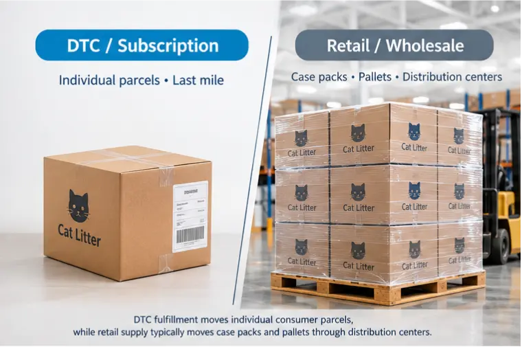 Cat litter DTC parcel fulfillment compared with retail pallet supply