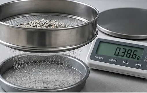Sieve test measuring fine particles in cat litter