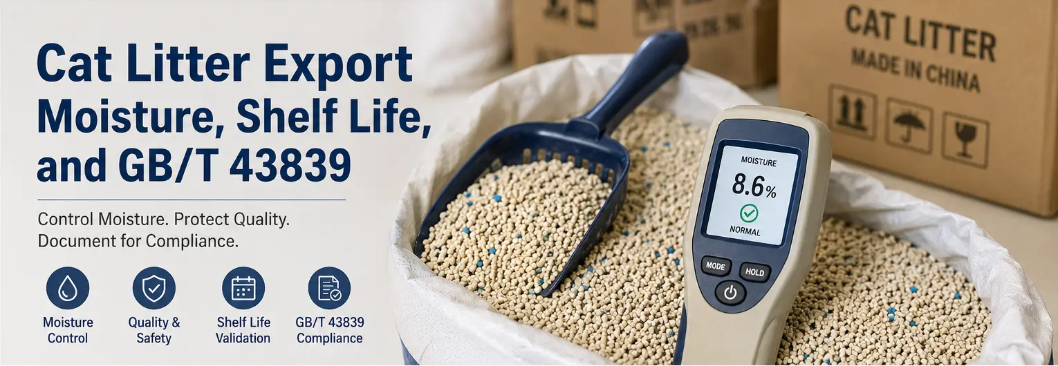 Cat litter export moisture control, shelf life, and GB/T 43839