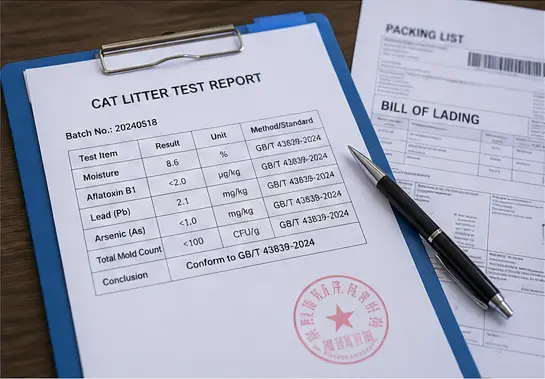 Cat litter export test records showing moisture and safety data