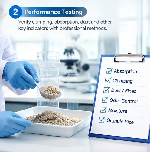 Cat litter formula performance testing for absorption, clumping, dust, and moisture control