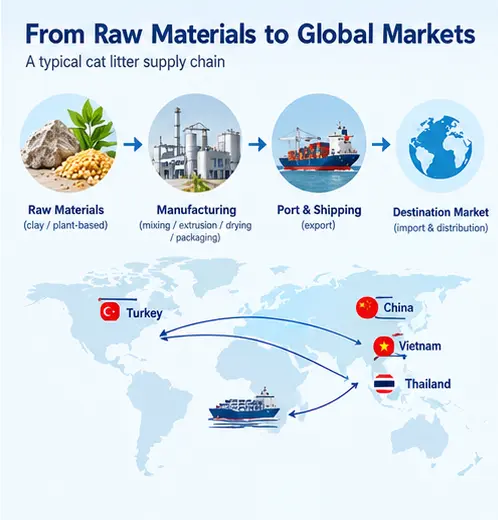 Cat litter supply chain from raw materials and manufacturing to export shipping and destination markets