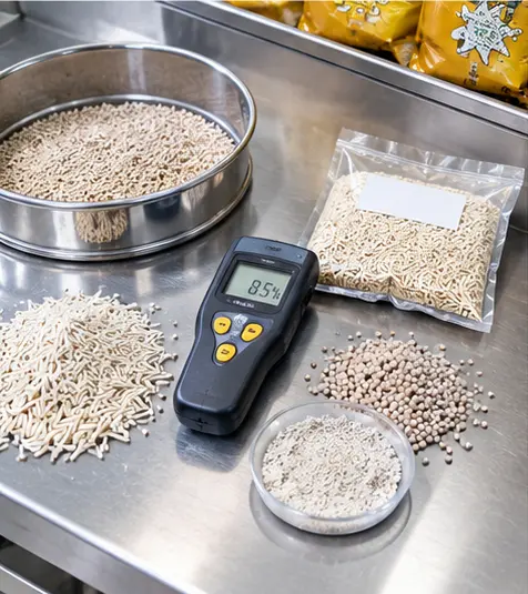 Cat litter granules, sieve, and moisture meter used for quality inspection