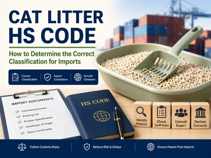 Illustration showing the customs classification process for cat litter imports, including HS code verification, import documentation, and compliance workflow.