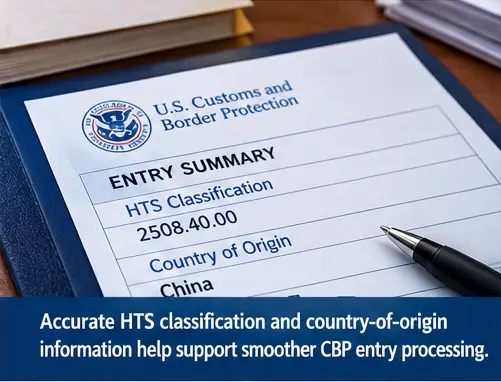 CBP entry US customs entry showing HTS classification and country of origin for cat litter