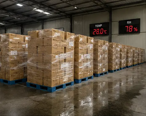 Packaged cat litter stored in a humid warehouse environment
