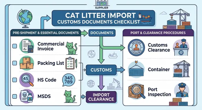 Cat litter import customs documents including HS code MSDS and shipping clearance requirements