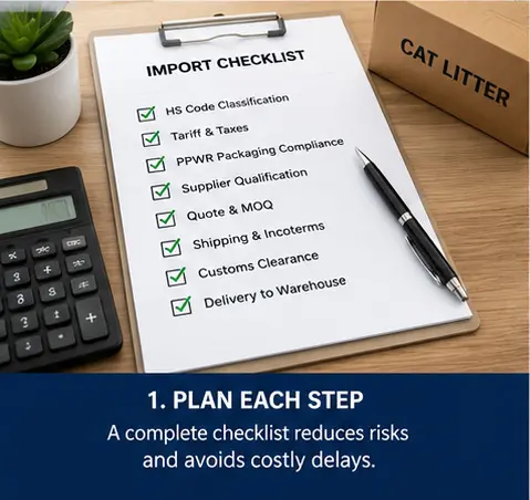 Cat litter import compliance checklist including HS code, packaging regulations, tariffs, and customs documentation