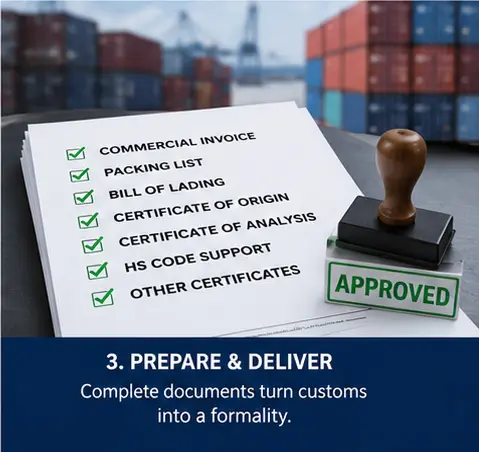 Cat litter customs clearance documents including commercial invoice, packing list, bill of lading, and Certificate of Analysis