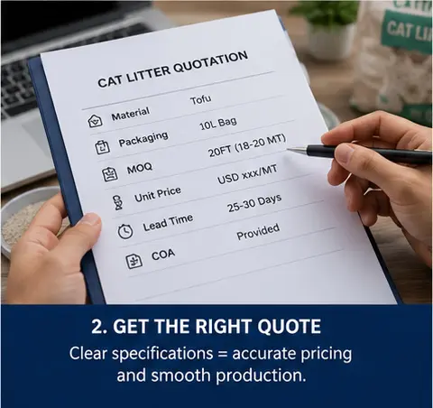 Cat litter quotation request showing MOQ, packaging specifications, pricing, lead time, and Certificate of Analysis