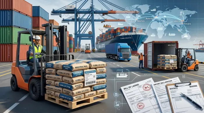 Cat litter import shipping guide showing container transportation and international logistics process