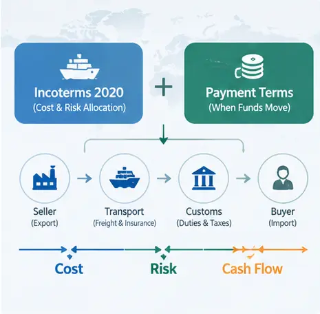 Diagram of Incoterms 2020 and payment terms for cat litter import costs and risk allocation