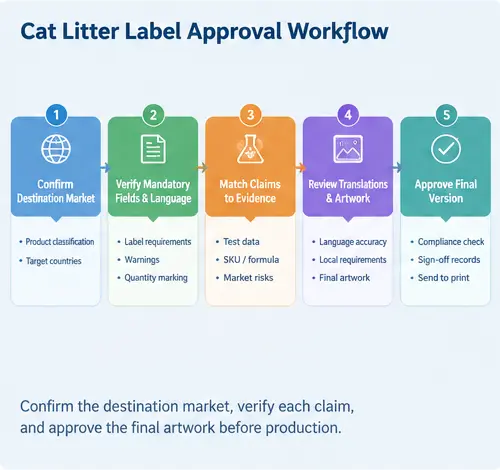Five-step cat litter label approval workflow covering destination market checks, required fields, claim evidence, artwork review, and final approval