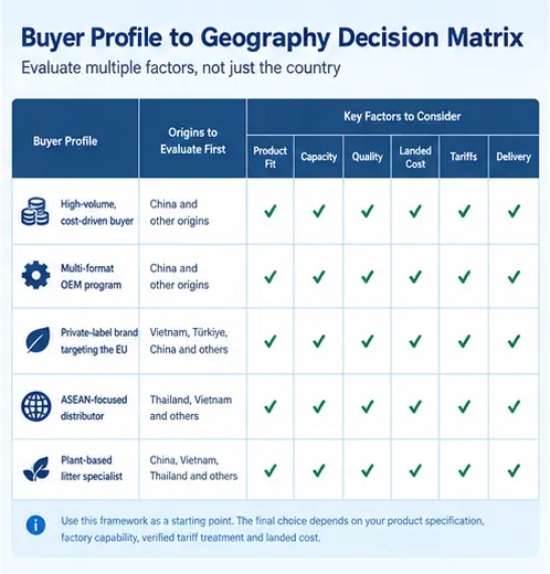 Cat litter manufacturer comparison matrix covering product fit, capacity, quality, landed cost, tariffs and delivery