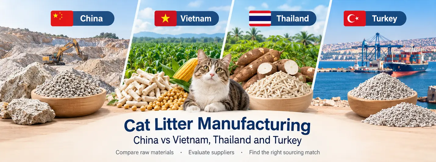 Cat litter manufacturing comparison across China, Vietnam, Thailand and Turkey
