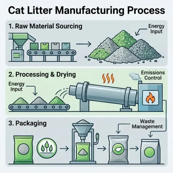 Diagram showing energy inputs and carbon emissions across cat litter raw material sourcing, processing, drying, and packaging stages