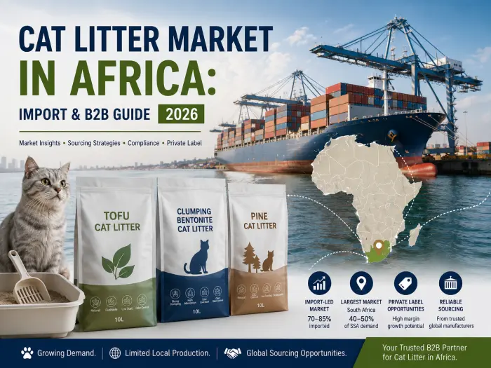 Cat litter market in Africa import and B2B sourcing guide showing global shipping routes and cat litter products