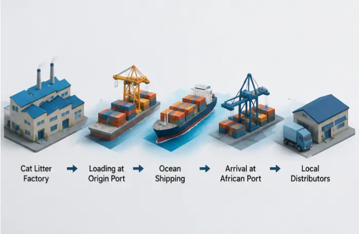 Import flow diagram from Asian cat litter factories to African distribution hubs