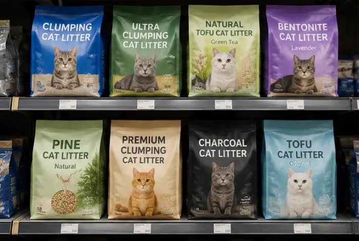 Retail shelf displaying imported clumping and plant-based cat litter in South Africa