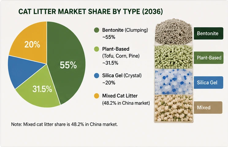 Comparison of cat litter types including bentonite, plant-based, mixed cat litter, and silica gel with market share and key advantages in 2026