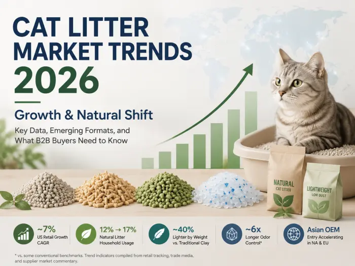 Cat litter market trends 2026 showing growth, natural litter adoption, lightweight formats, and emerging cat litter innovations