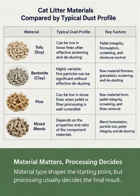 Tofu bentonite pine and mixed cat litter materials compared by dust profile