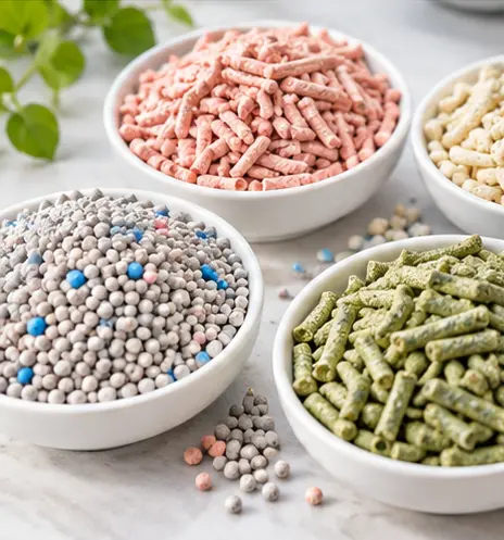 Different cat litter materials including pink tofu pellets, plant-based pellets, and mineral granules