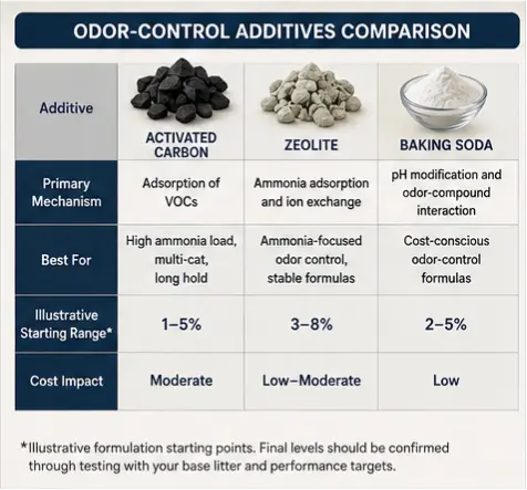 Comparison of activated carbon, zeolite, and baking soda for cat litter odor control