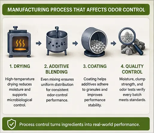Cat litter manufacturing steps that affect odor control: drying, blending, coating, and quality control