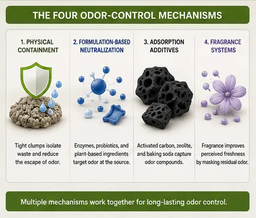 Four cat litter odor control mechanisms: clumping, formulation-based control, adsorption, and fragrance