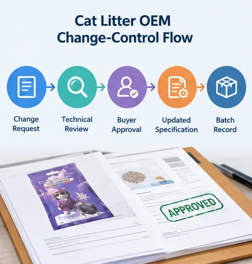 Cat litter OEM change-control workflow from change request and technical review to buyer approval and updated specifications