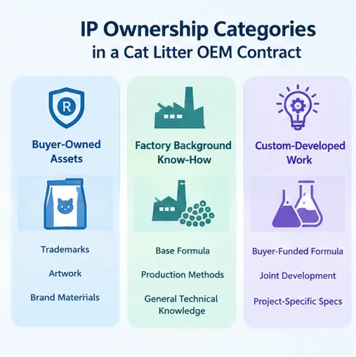 Infographic comparing buyer-owned artwork, factory know-how, and jointly developed cat litter formulas