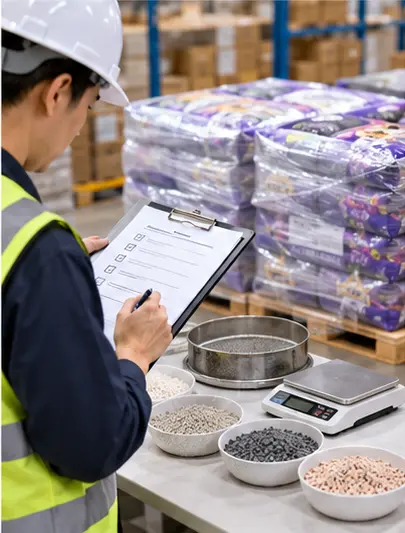 Quality inspector checking cat litter samples and recording inspection results at a factory