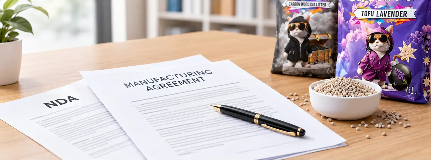 Cat litter OEM manufacturing agreement and NDA beside branded cat litter packages