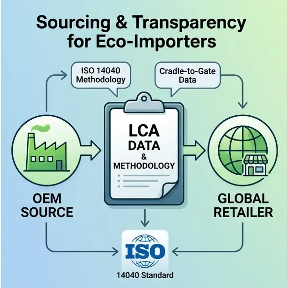 Workflow illustration showing OEM source providing ISO 14040 LCA methodology and cradle-to-gate data to global retailers