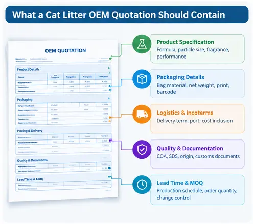 Cat litter OEM quotation checklist showing product specifications, packaging, logistics, quality documents, and lead time