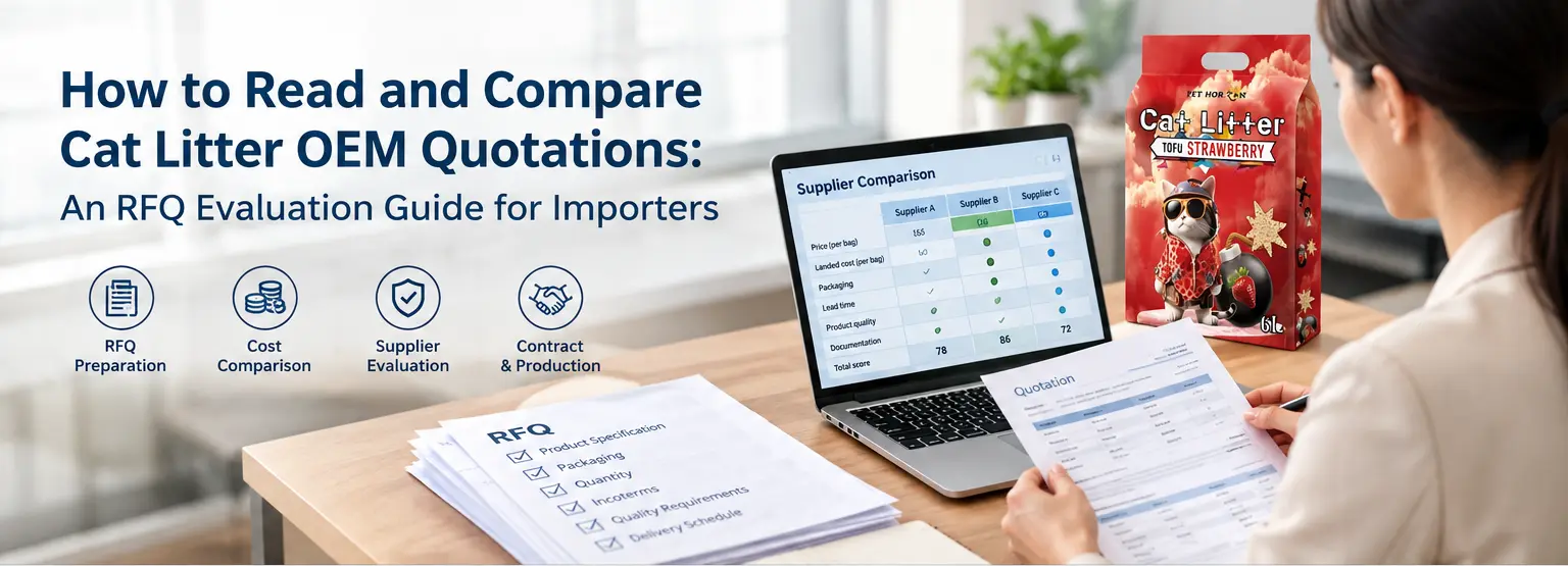 Importer comparing cat litter OEM quotations and supplier costs beside a Pet Horizon tofu cat litter package