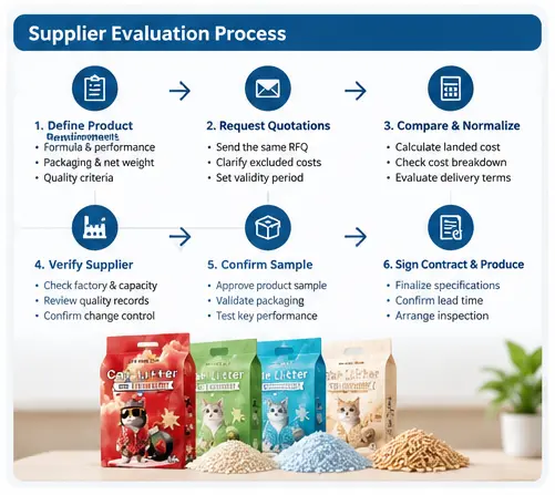Six-step cat litter OEM supplier evaluation process from defining product requirements to confirming samples and production terms