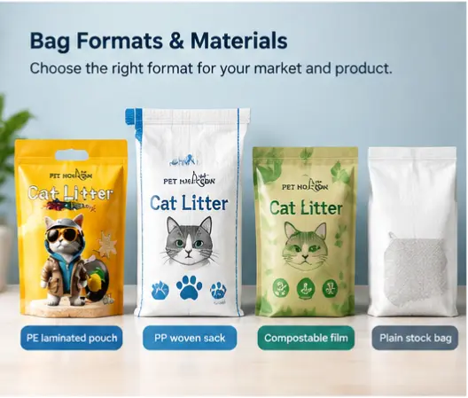 Comparison of cat litter packaging formats including laminated pouch PP sack and compostable bags