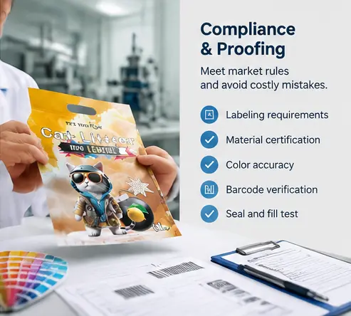 Cat litter packaging compliance inspection with print proof barcode and label verification